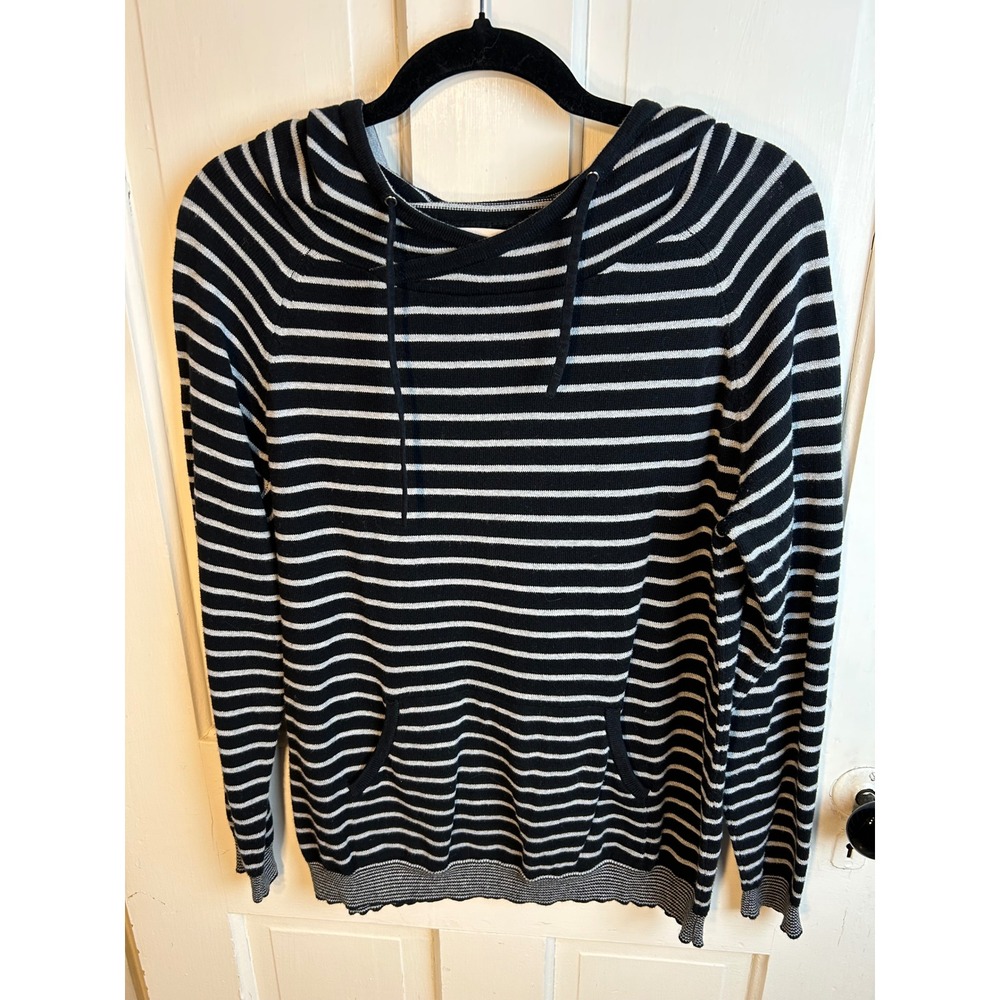 Amour Vert Kaitlyn Striped Cotton Cowl Neck Hoodie Sweater Black White Medium